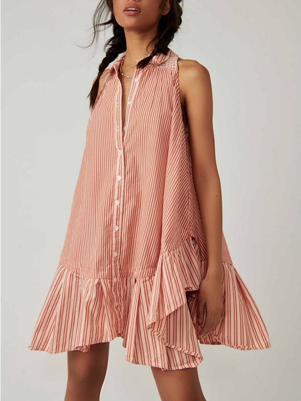 Free People Be Real Coral Swing Mini Dress Button Front Shirt Dress Boho S